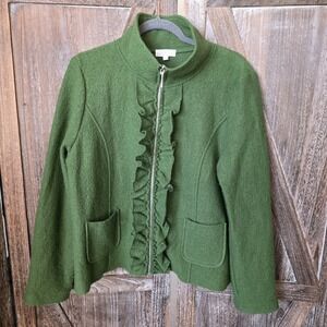 Joseph A. Jacket Women's Size Large Green Full Zip Ruffle Trim 100% Wool Pockets